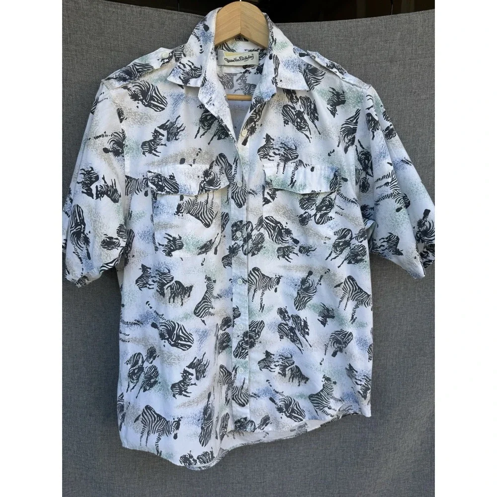 Vtg Diane Von Furstenberg Shirt Women Medium Zebra Print Safari Button Up 90s - Picture 1 of 7
